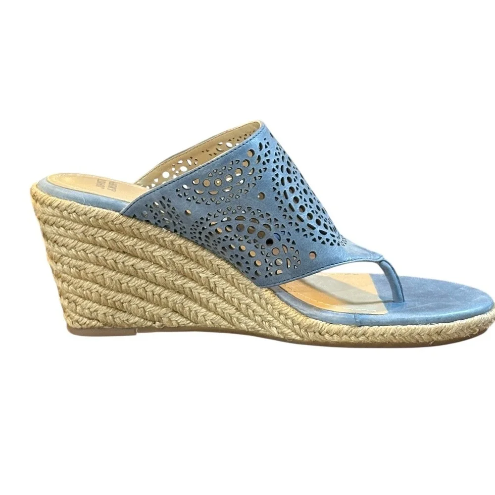 Johnston & Murphy Wedge Sandals Womens 8‎ Blue Laser Cut Espadrille Thong Mules